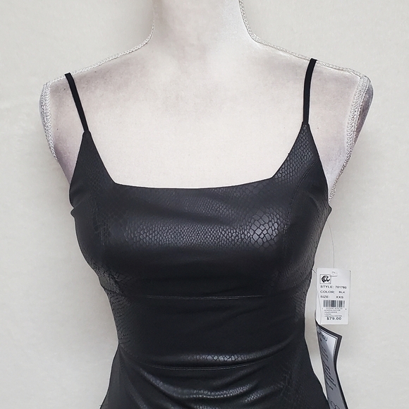 BEBE Black Snakeskin Vegan Leather Spaghetti Strap Square Neck Midi Dress XXS - Picture 7 of 16